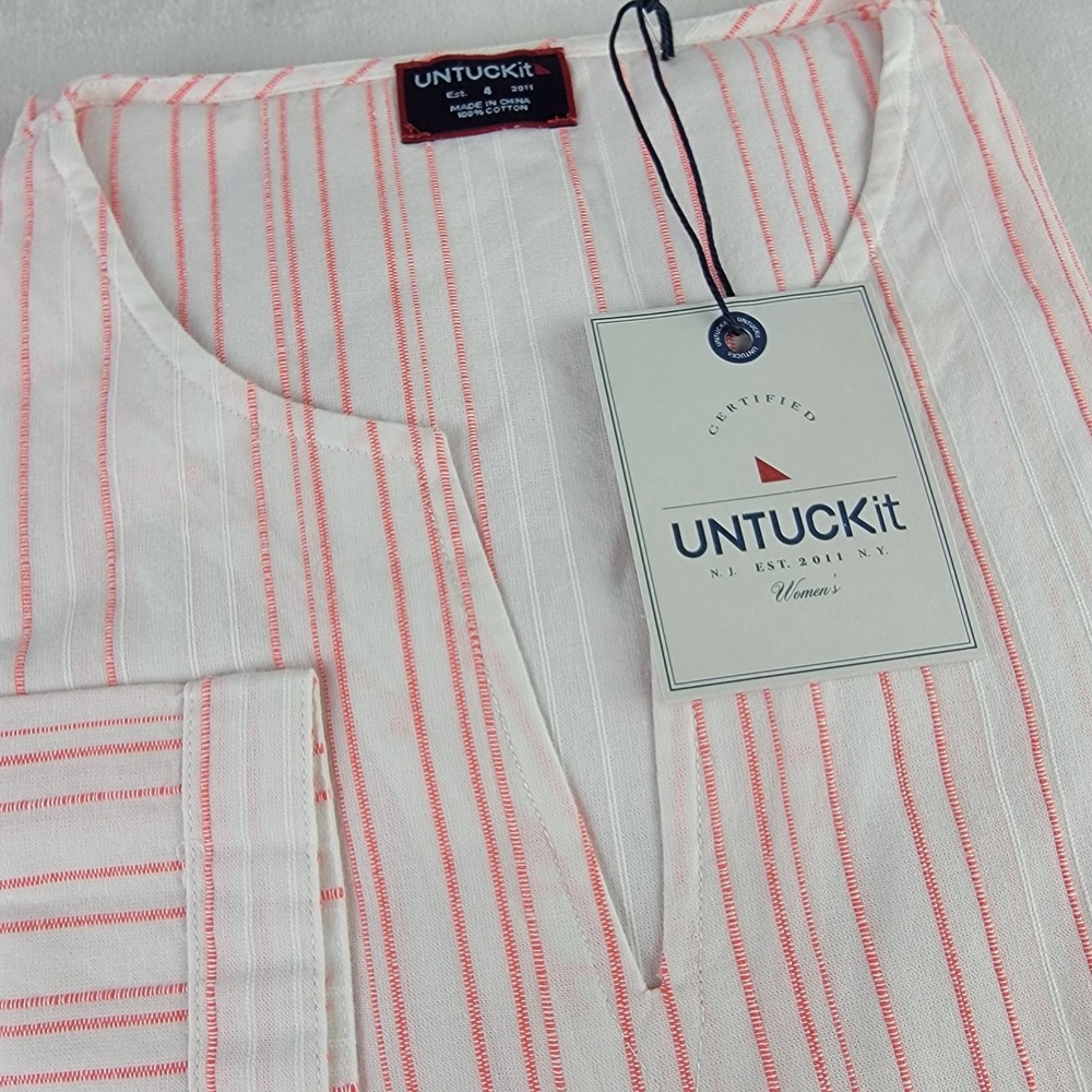 UNTUCKit Durfort Tunic Top Striped 3/4 Sleeve Regular Fit White Pink Size 4 NWT